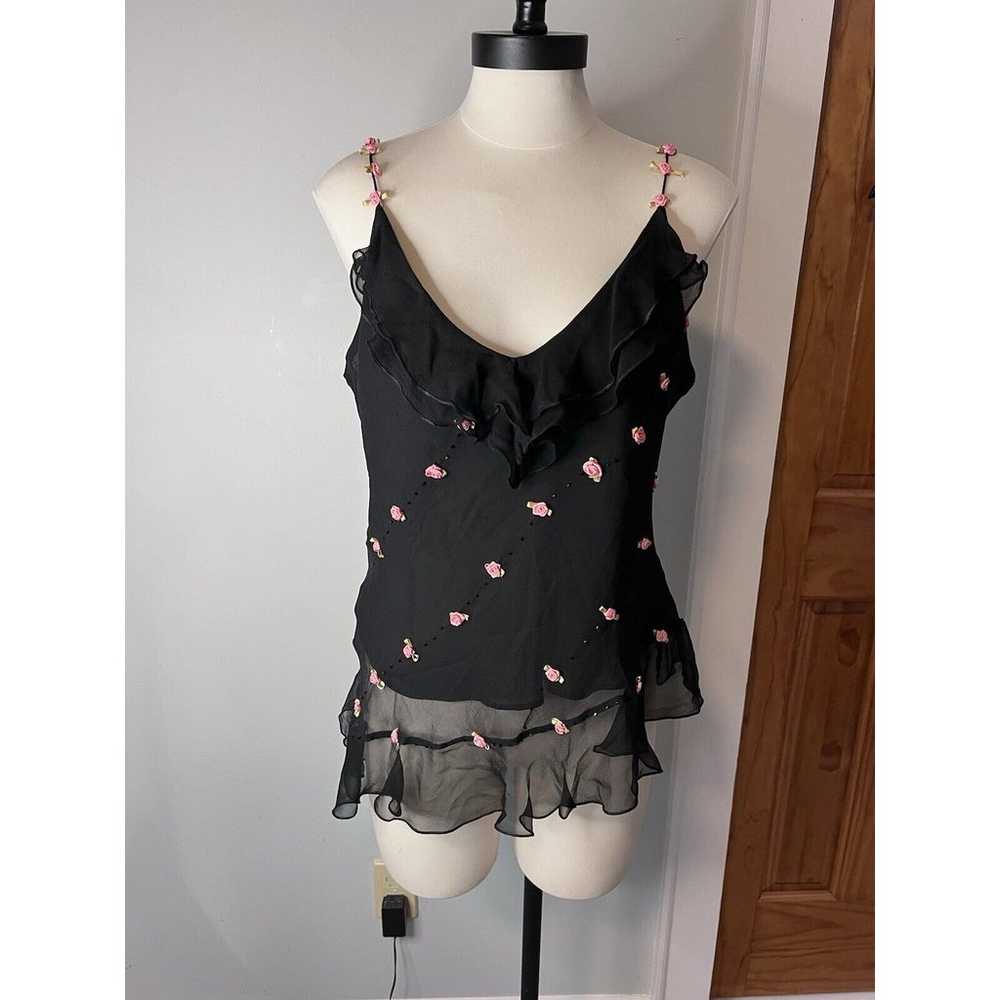 VTG I.C.E. Women Silk Cami Top Black Pink Roses S… - image 1