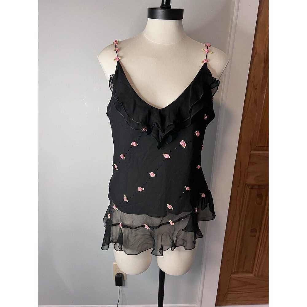 VTG I.C.E. Women Silk Cami Top Black Pink Roses S… - image 2