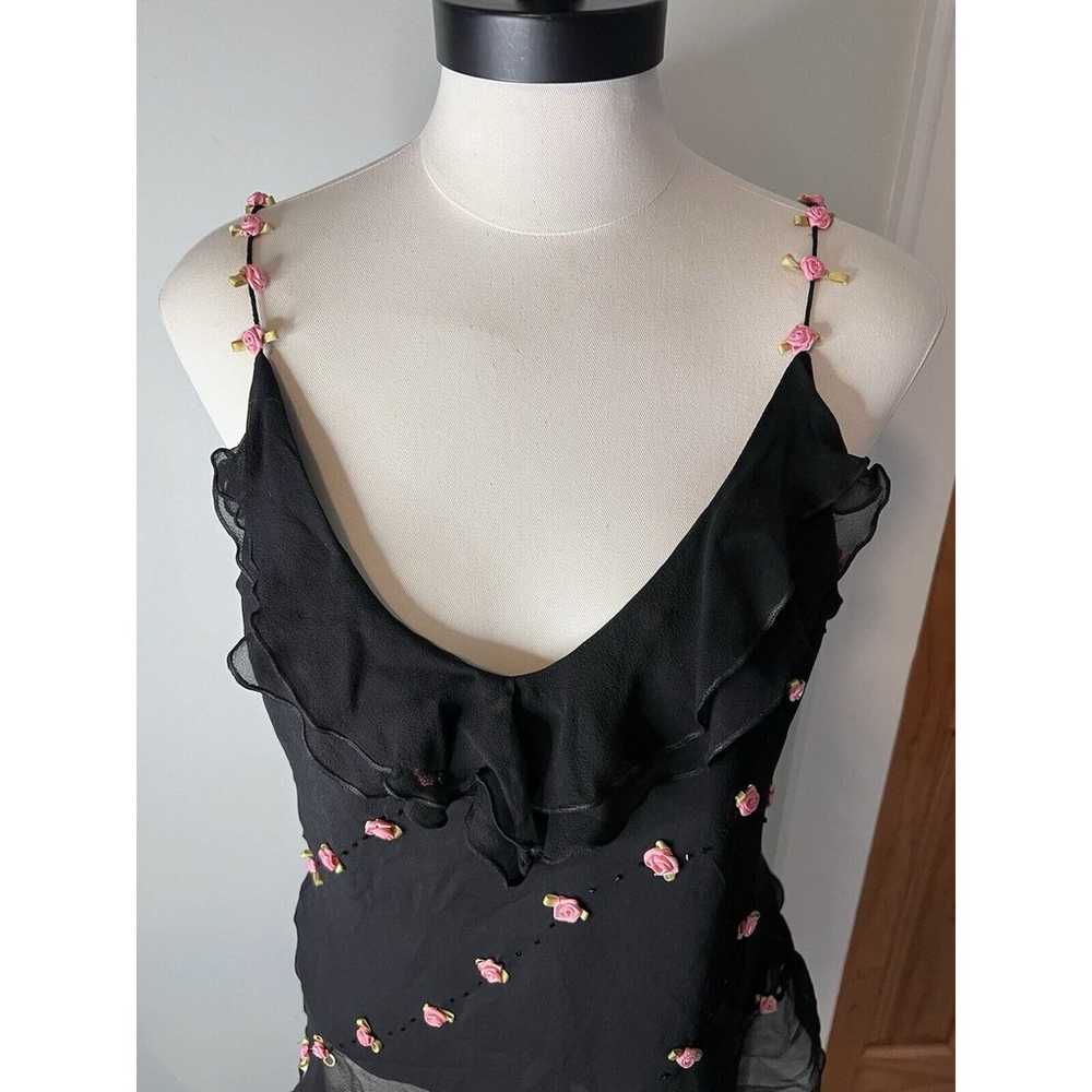 VTG I.C.E. Women Silk Cami Top Black Pink Roses S… - image 3