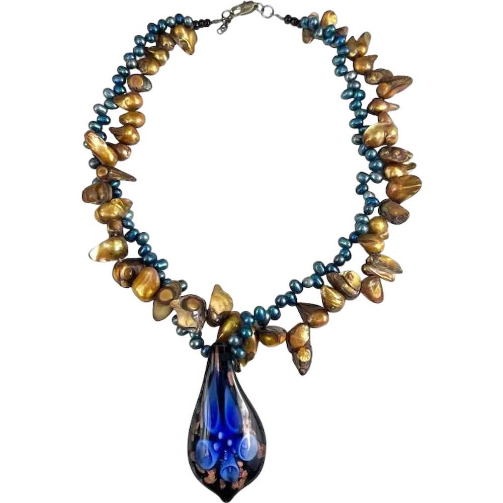 Murano Glass & Freshwater Pearl Necklace With Blu… - image 1