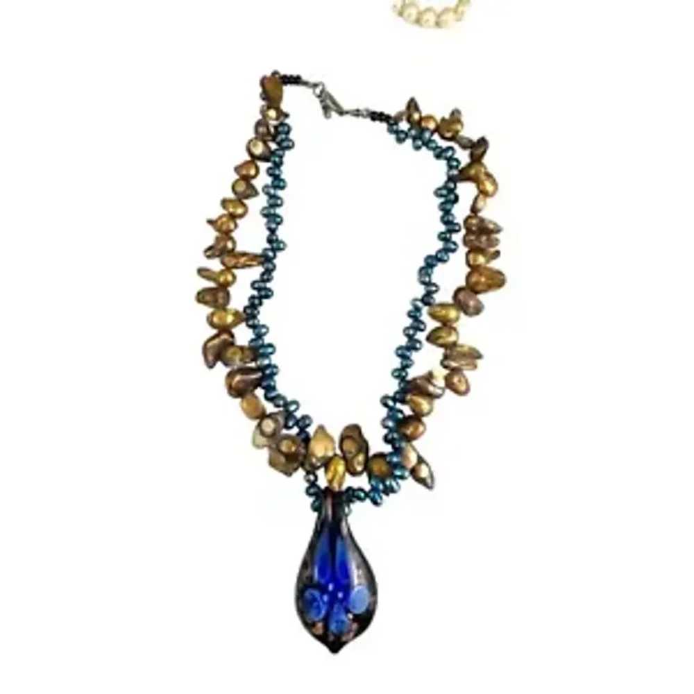 Murano Glass & Freshwater Pearl Necklace With Blu… - image 2