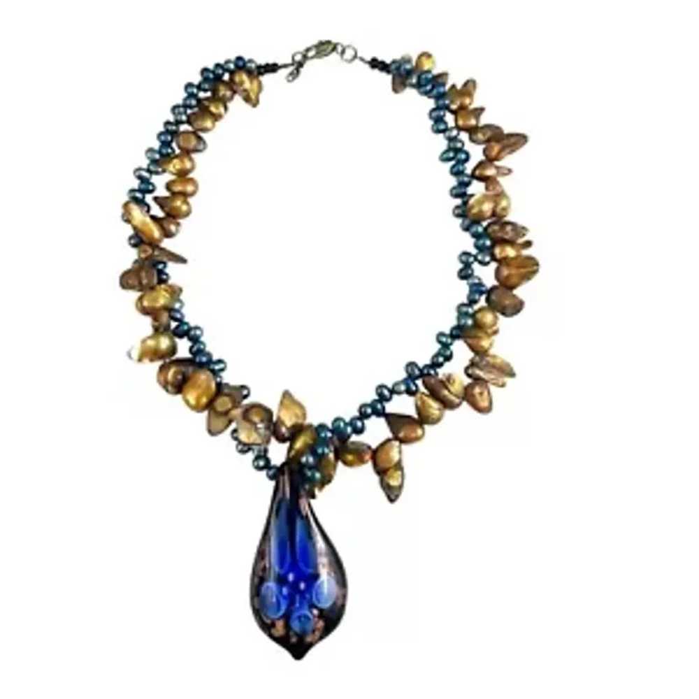 Murano Glass & Freshwater Pearl Necklace With Blu… - image 3