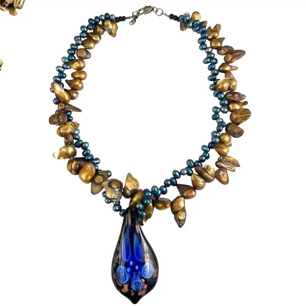 Murano Glass & Freshwater Pearl Necklace With Blu… - image 4