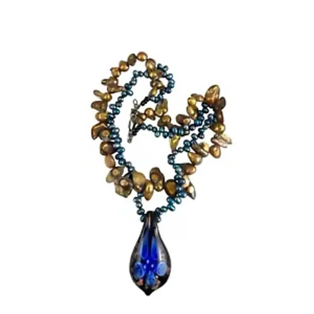 Murano Glass & Freshwater Pearl Necklace With Blu… - image 5