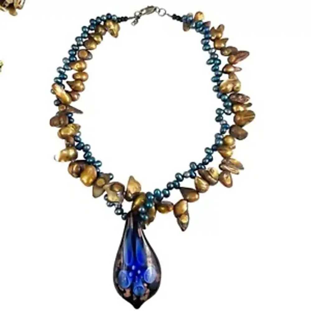 Murano Glass & Freshwater Pearl Necklace With Blu… - image 6