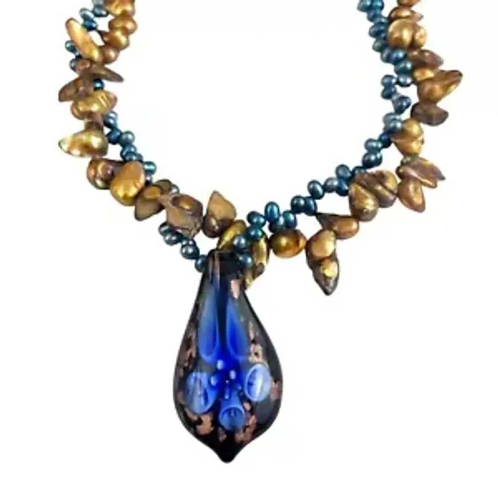 Murano Glass & Freshwater Pearl Necklace With Blu… - image 7