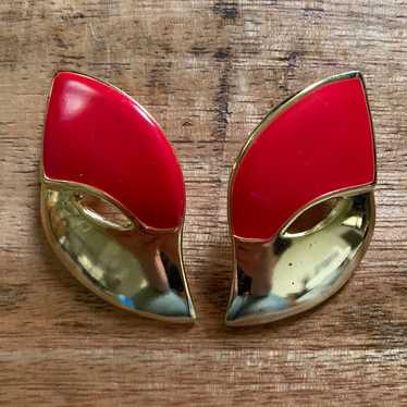 Vintage Gold Tone & Red Metal Earring - image 1