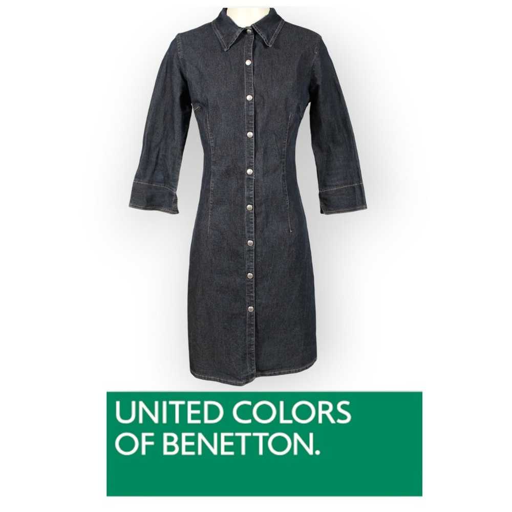 Vintage Benetton Dress (M) Denim Snap-Front Stret… - image 1