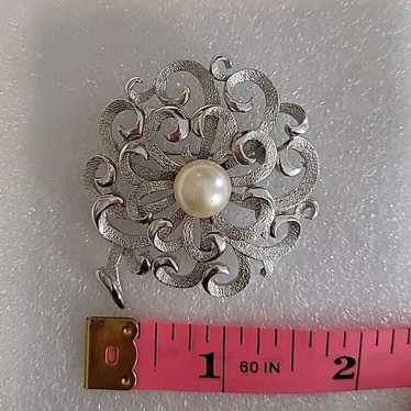 Trifari Silvertone Flower Brooch With Faux Pearl - image 1