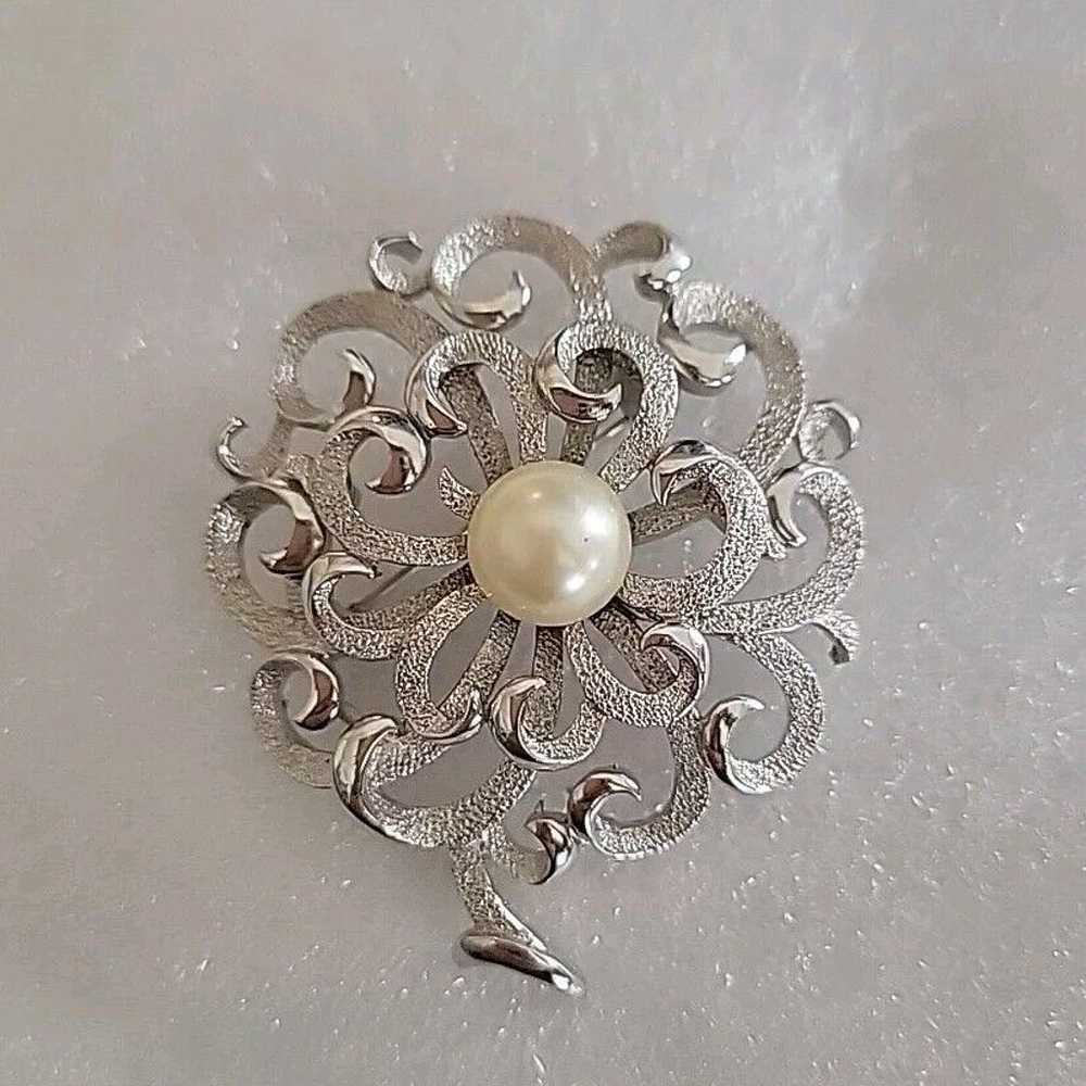 Trifari Silvertone Flower Brooch With Faux Pearl - image 2