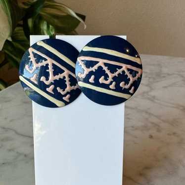 Vintage Boho Navy Blue enamel post back Statement… - image 1