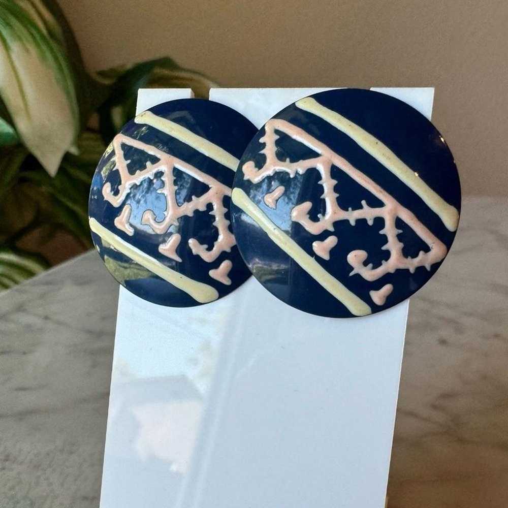 Vintage Boho Navy Blue enamel post back Statement… - image 2