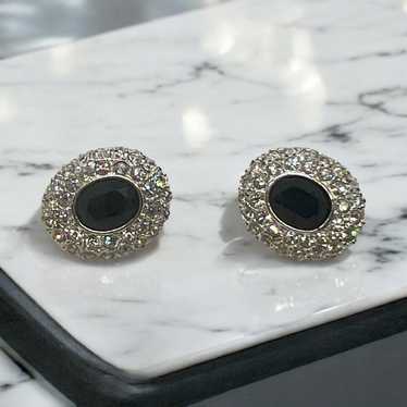 Vintage Black & White Rhinestone Clip On Earrings… - image 1