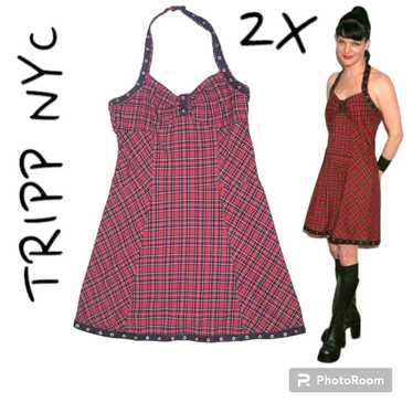 Y2K TRIPP NYC RED PLAID HALTER DRESS.