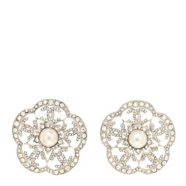 CHANEL Crystal Pearl Large Camellia CC Earrings Si