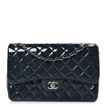 CHANEL Patent Quilted Jumbo Double Flap Navy