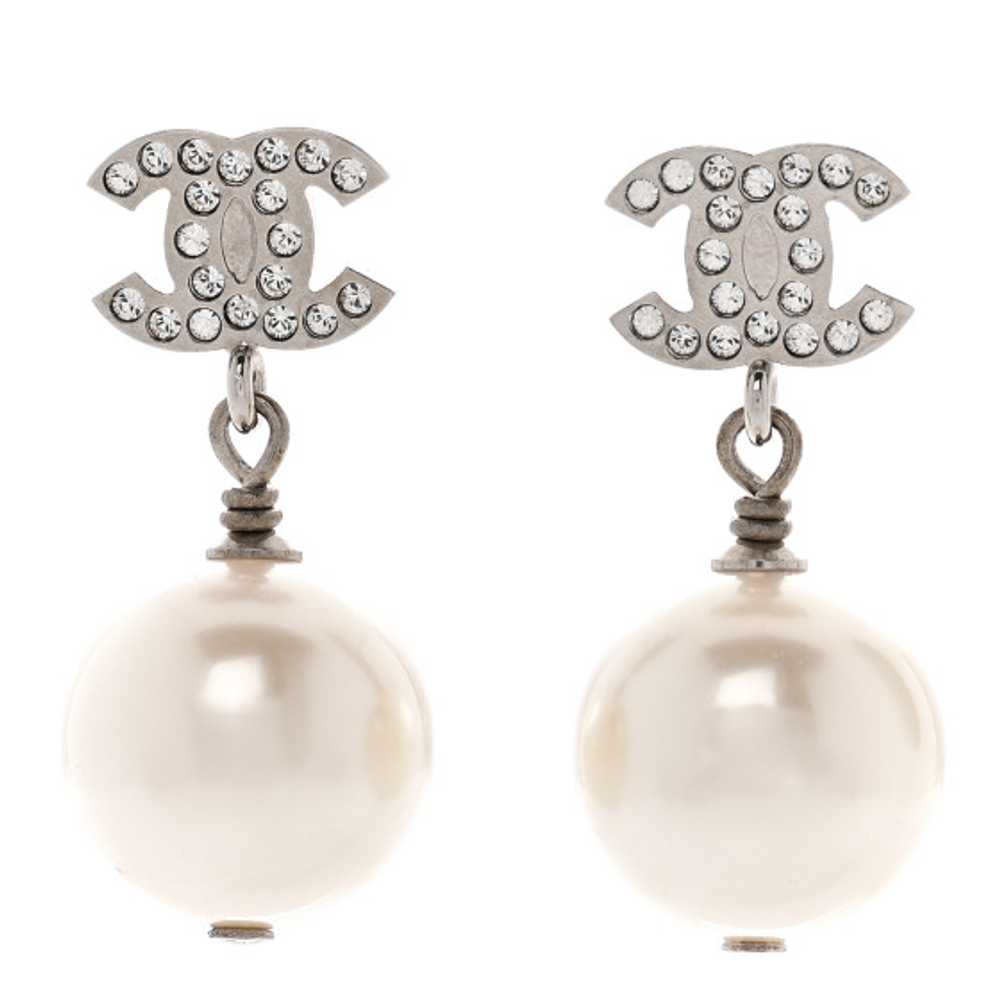 CHANEL Crystal Pearl CC Drop Earrings Silver Pear… - image 1