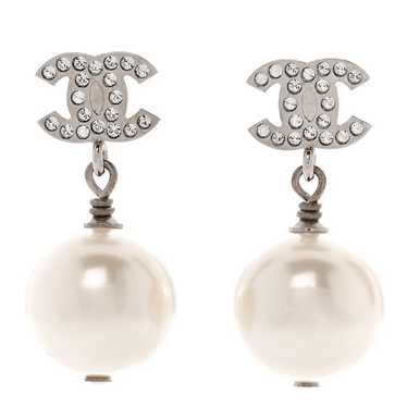 CHANEL Crystal Pearl CC Drop Earrings Silver Pear… - image 1