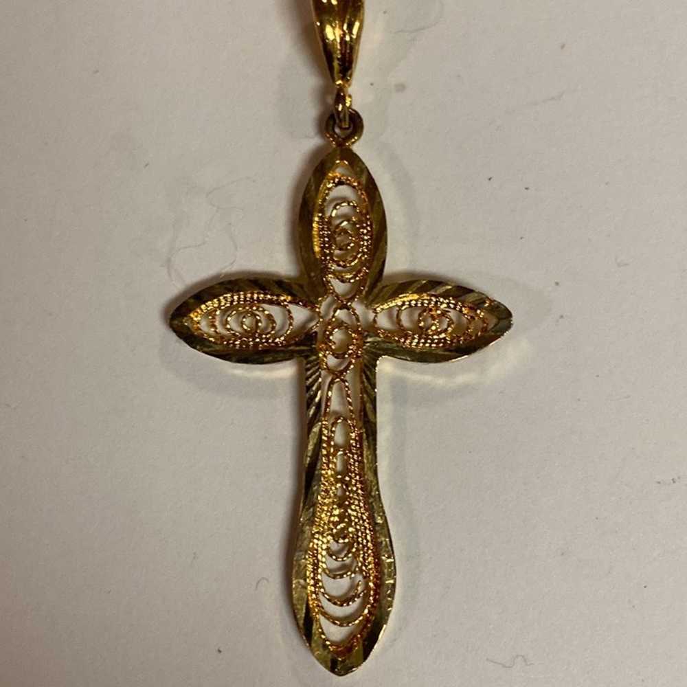 Gold Christian Cross Pendant - Filigree Charm Vin… - image 1