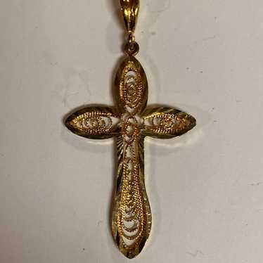 Gold Christian Cross Pendant - Filigree Charm Vin… - image 1