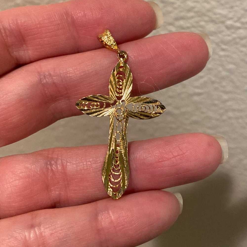 Gold Christian Cross Pendant - Filigree Charm Vin… - image 3