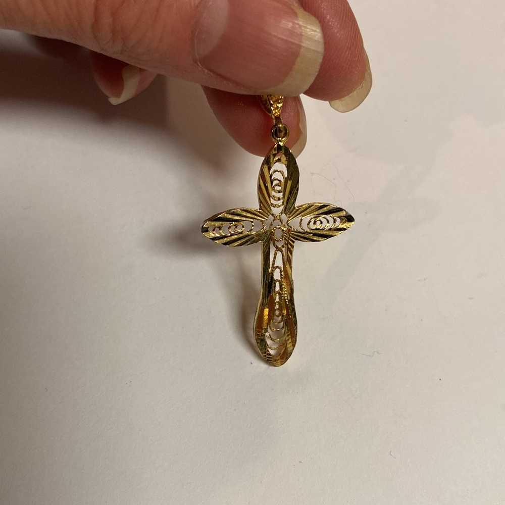 Gold Christian Cross Pendant - Filigree Charm Vin… - image 4