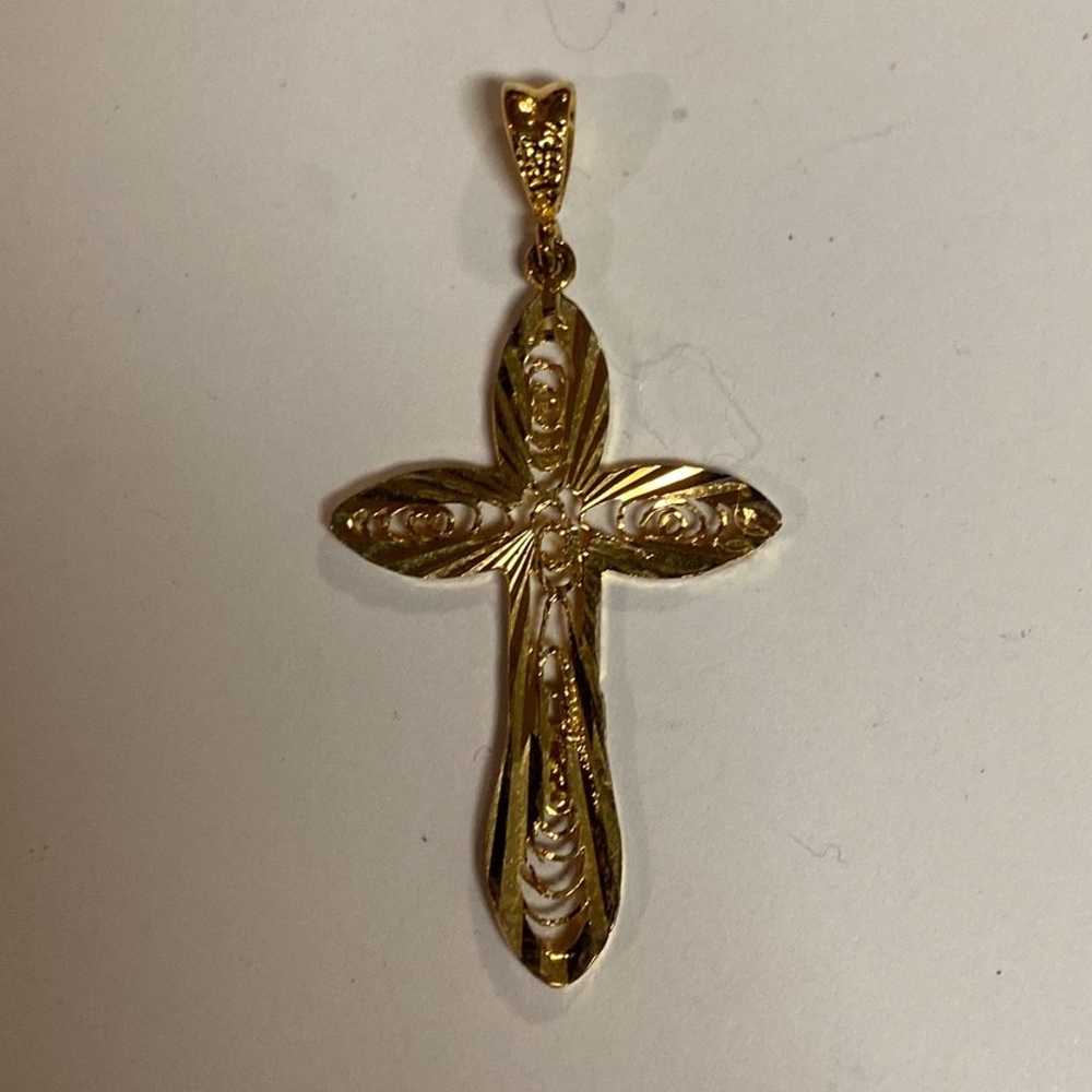 Gold Christian Cross Pendant - Filigree Charm Vin… - image 5