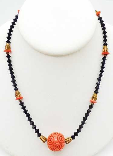 French Jet and Coral Galalith Bead Necklace