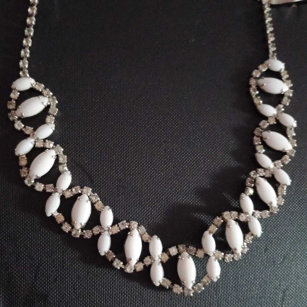 Vintage White Milk Glass Rhinestone Necklace - image 1