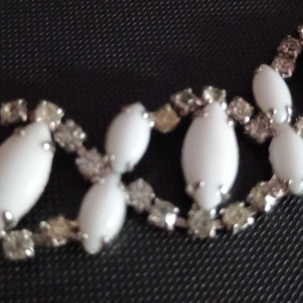 Vintage White Milk Glass Rhinestone Necklace - image 2