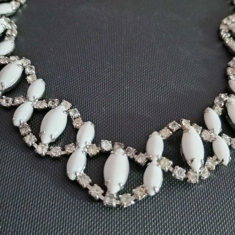 Vintage White Milk Glass Rhinestone Necklace - image 5