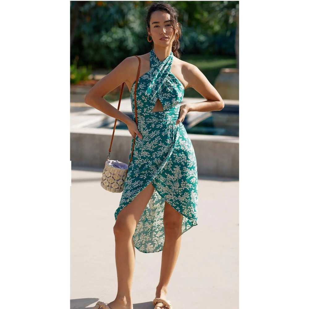 Anthropologie Floral  Printed Halter Dress Green … - image 2