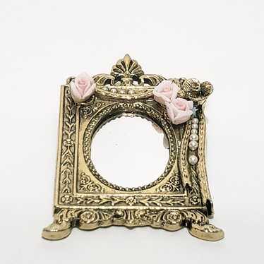 Mirror Picture Frame Pink Roses Flowers Brooch Pin