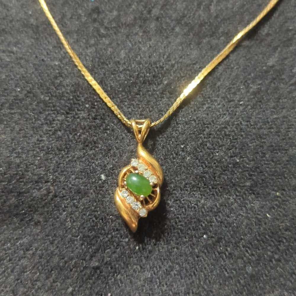 Vintage Gold Tone Green Jade Clear Rhinestone Dai… - image 1