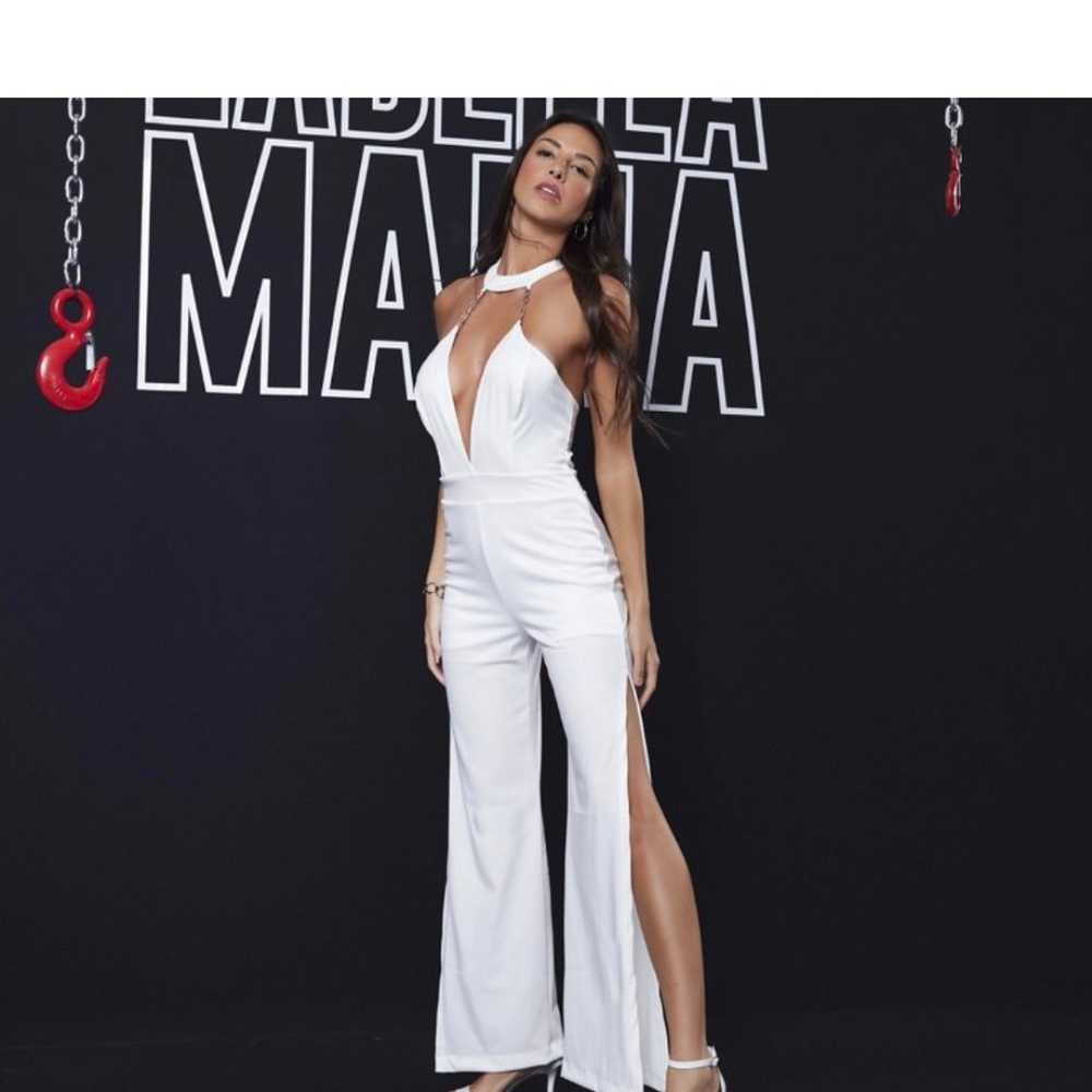 White luxury jumpsuit with thigh slits and vneck - image 3