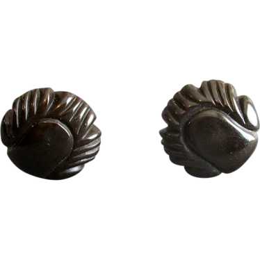 Carved Black Bakelite Button Earrings - image 1