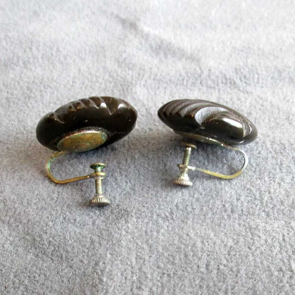 Carved Black Bakelite Button Earrings - image 2