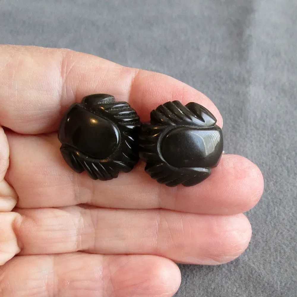 Carved Black Bakelite Button Earrings - image 4