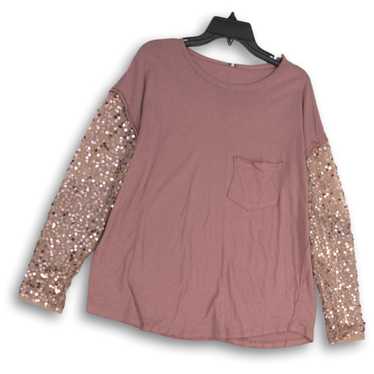 NWT Free People Womens Pink Sequin Round Neck Lon… - image 1