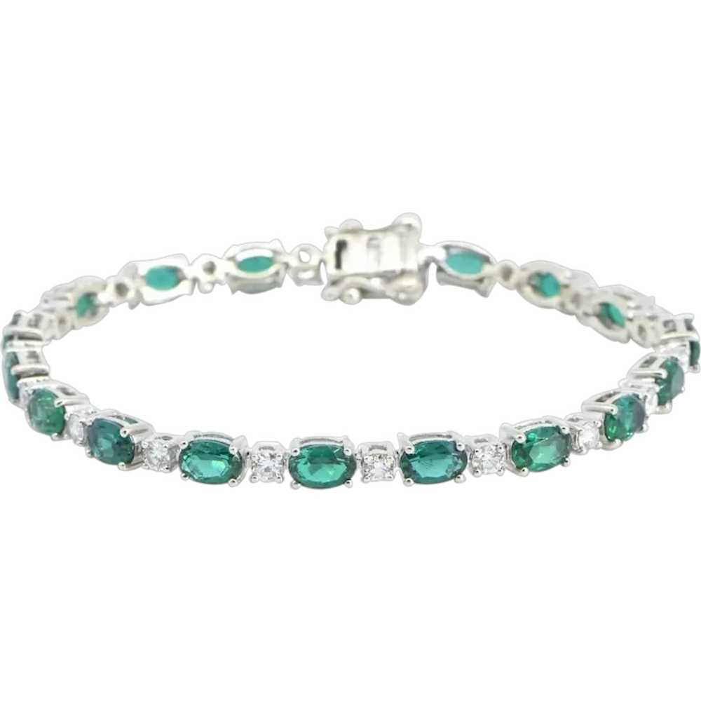 14K Oval Syn. Emerald Diamond Vintage Tennis Brac… - image 1