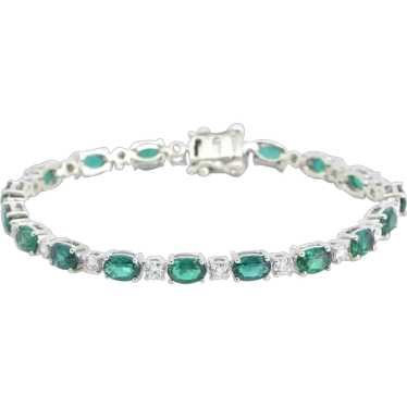 14K Oval Syn. Emerald Diamond Vintage Tennis Brac… - image 1