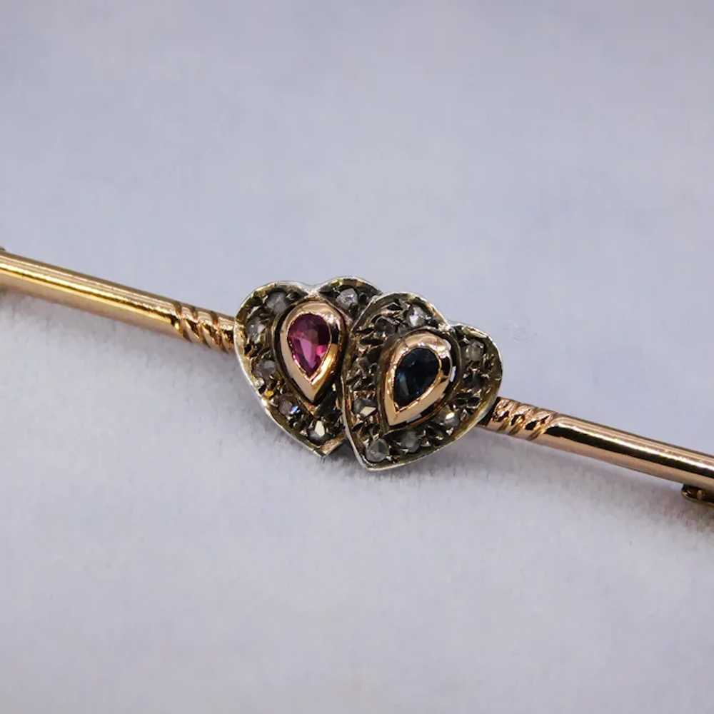 Antique Edwardian Heart 14K Sapphire Ruby Diamond… - image 12