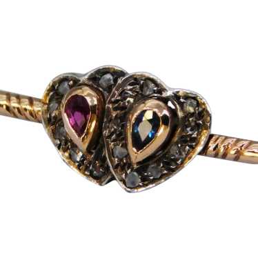 Antique Edwardian Heart 14K Sapphire Ruby Diamond… - image 1