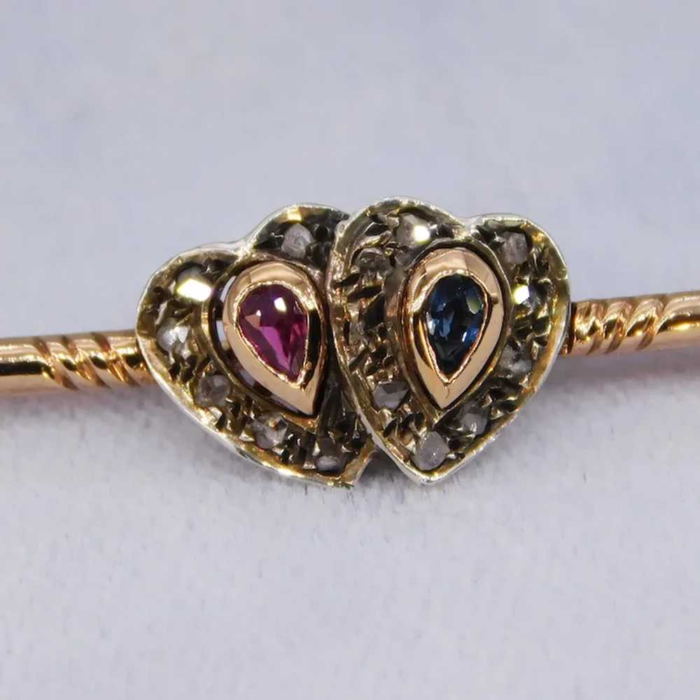 Antique Edwardian Heart 14K Sapphire Ruby Diamond… - image 2