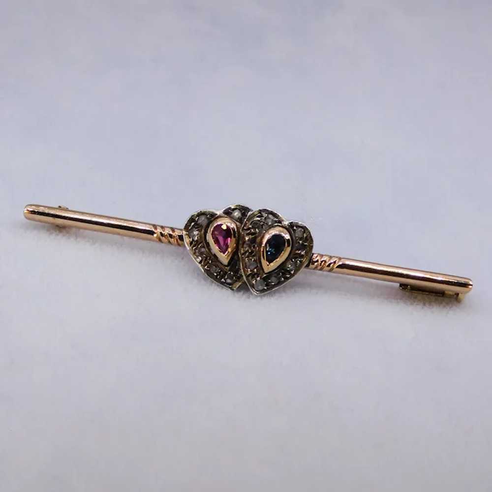 Antique Edwardian Heart 14K Sapphire Ruby Diamond… - image 4