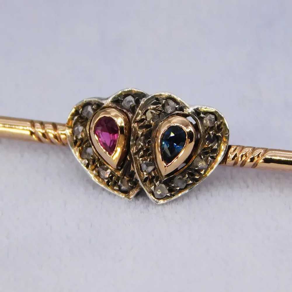 Antique Edwardian Heart 14K Sapphire Ruby Diamond… - image 7