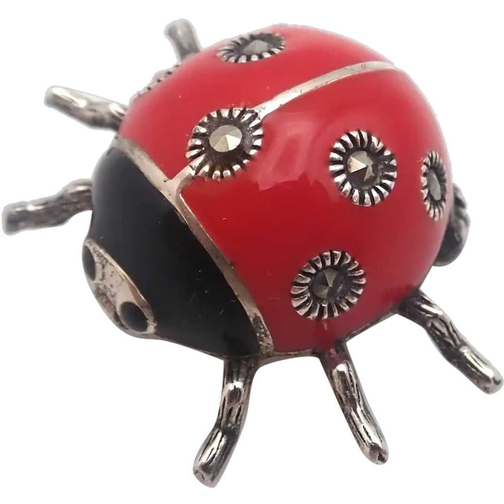 Sterling Silver Enamel and Marcasite Ladybug Pin - image 1