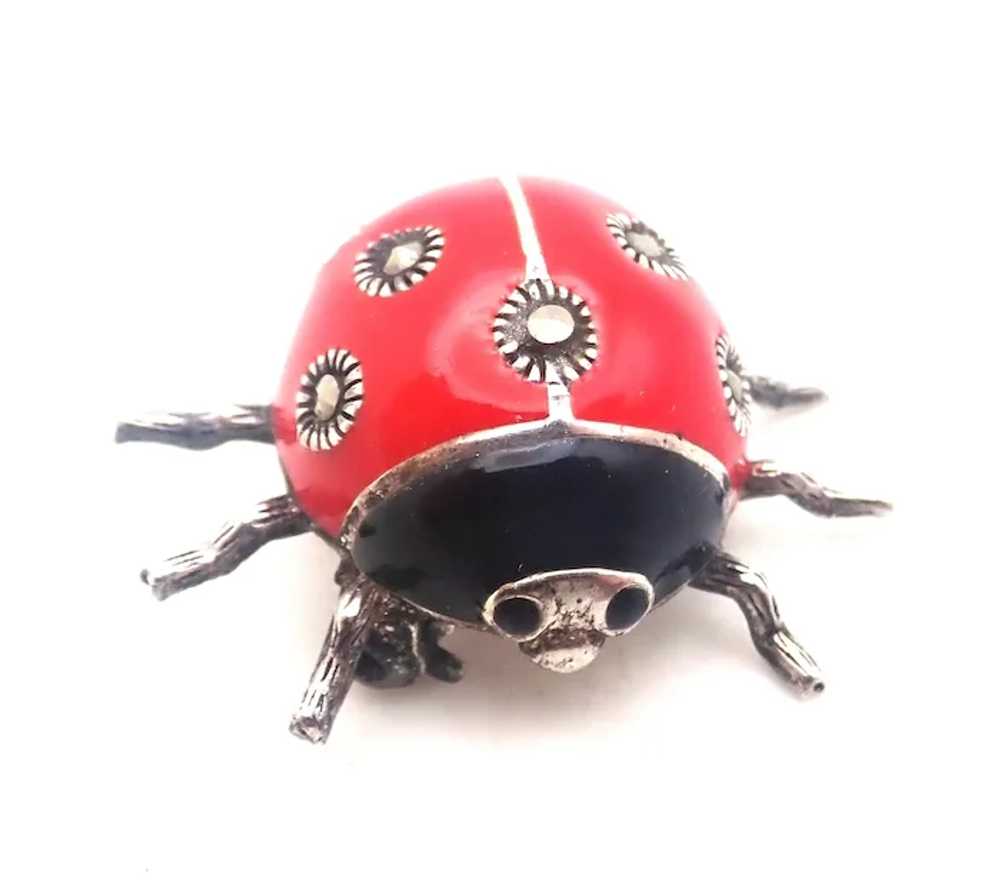 Sterling Silver Enamel and Marcasite Ladybug Pin - image 2