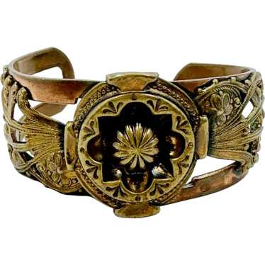 Vintage Barse Cuff Bracelet Ornate top Brass with Real Interesting Oval Stone. Gold Tone with Swirling Designs. Very Beautiful!