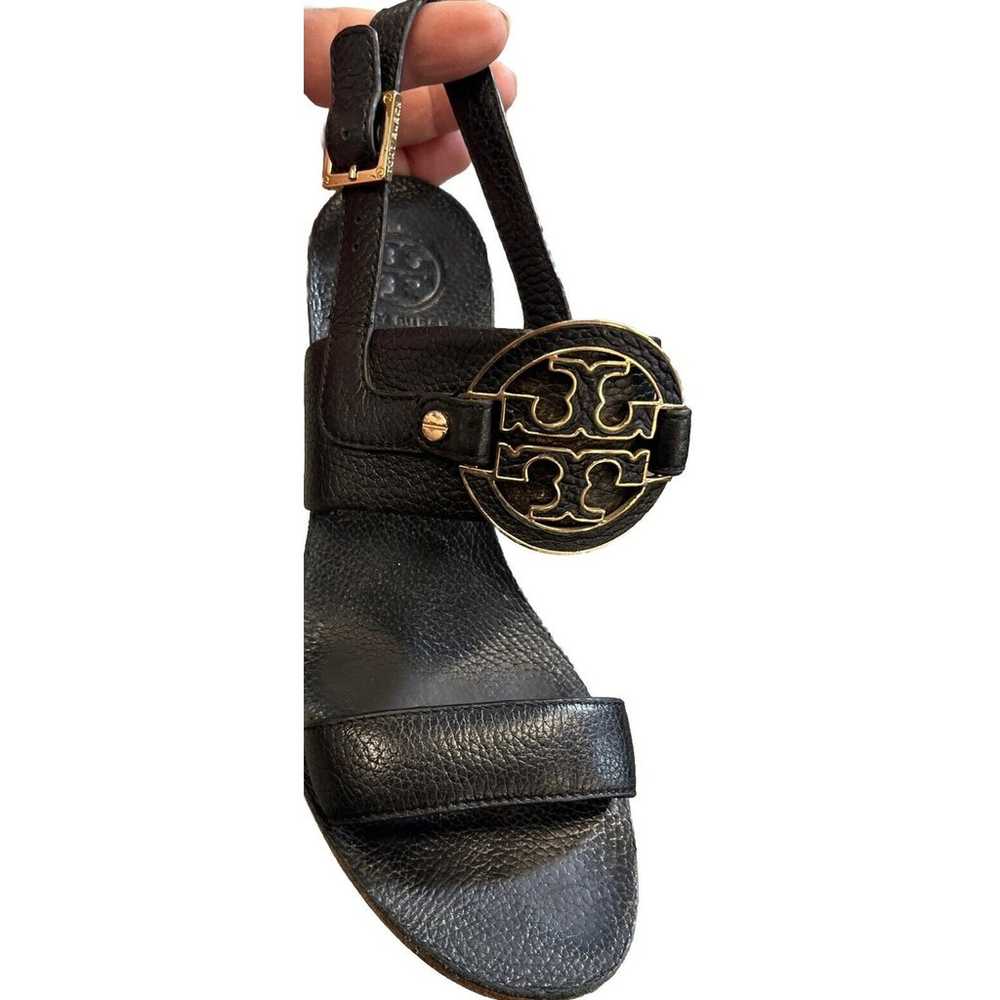 Tory Burch Black Leather Metal Logo Wedge Sandals… - image 11